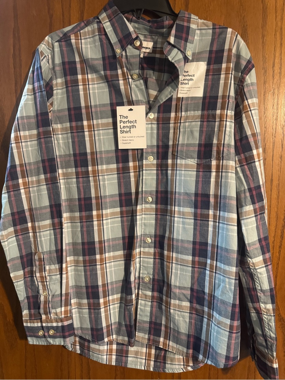 Sonoma Plaid Button-Down Shirt in Light Blue, Navy and Brown